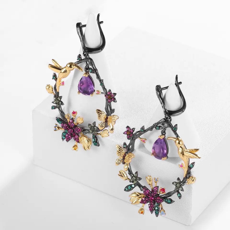 alibaba-koko hummingbird necklace Amethyst / Earrings Hummingbird Floral Statement Necklace 925 Sterling Silver Waterproof Vintage Topaz, Amethyst or Citrine