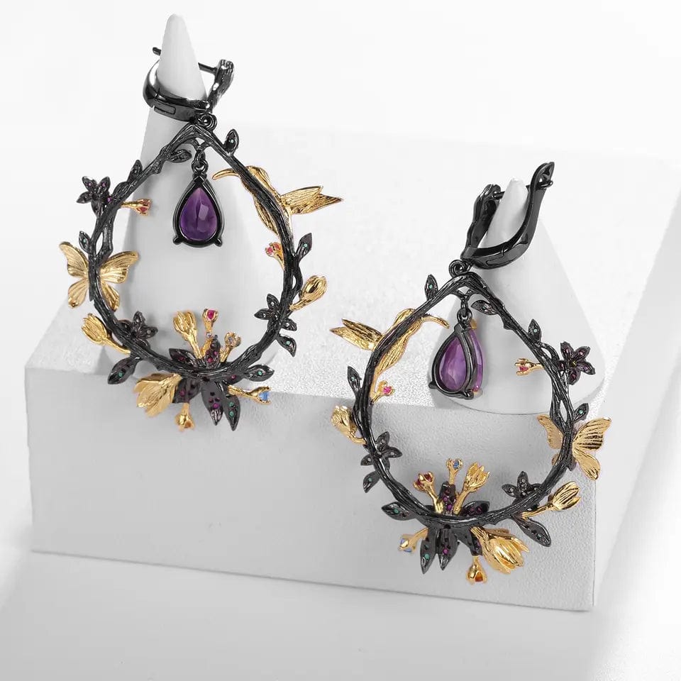 alibaba-koko hummingbird necklace Hummingbird Floral Statement Necklace 925 Sterling Silver Waterproof Vintage Topaz, Amethyst or Citrine