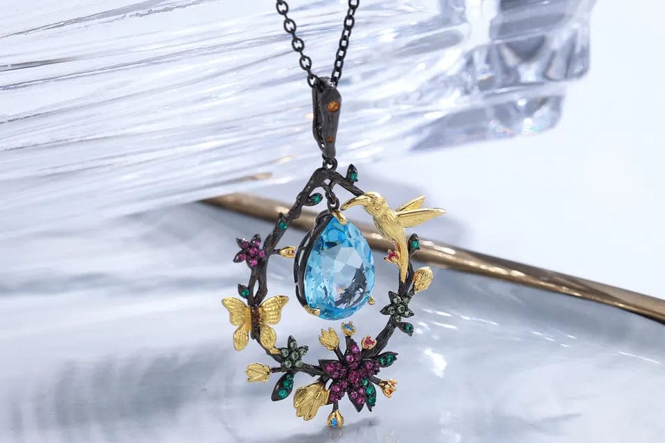 alibaba-koko hummingbird necklace Topaz / Necklace Hummingbird Floral Statement Necklace 925 Sterling Silver Waterproof Vintage Topaz, Amethyst or Citrine