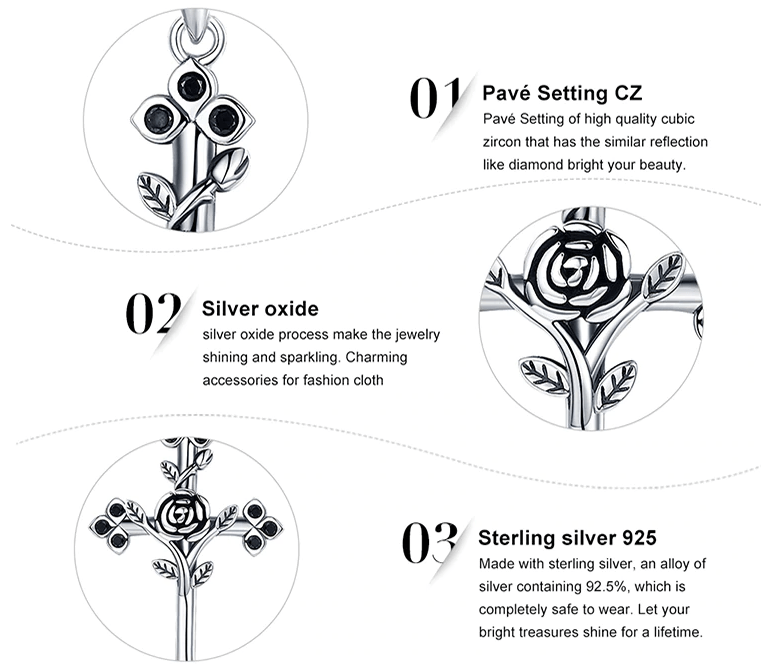 AliExpress - bamoer Fine Fashion Jewelry-Necklace Cross with Rose Black CZ Oxidized Sterling Silver Unique