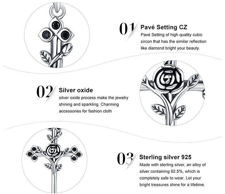 AliExpress - bamoer Fine Fashion Jewelry-Necklace Cross with Rose Black CZ Oxidized Sterling Silver Unique