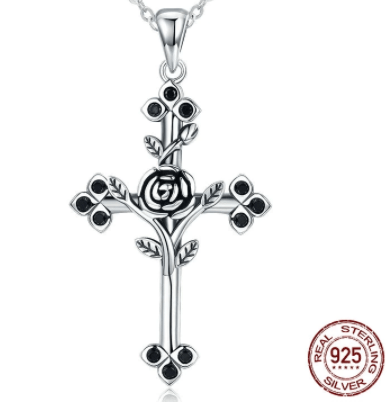 AliExpress - bamoer Fine Fashion Jewelry-Necklace Cross with Rose Black CZ Oxidized Sterling Silver Unique