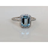 Aquamarine and Diamond Halo Ring, 14K Gold, Emerald Cut-Extraordinary!