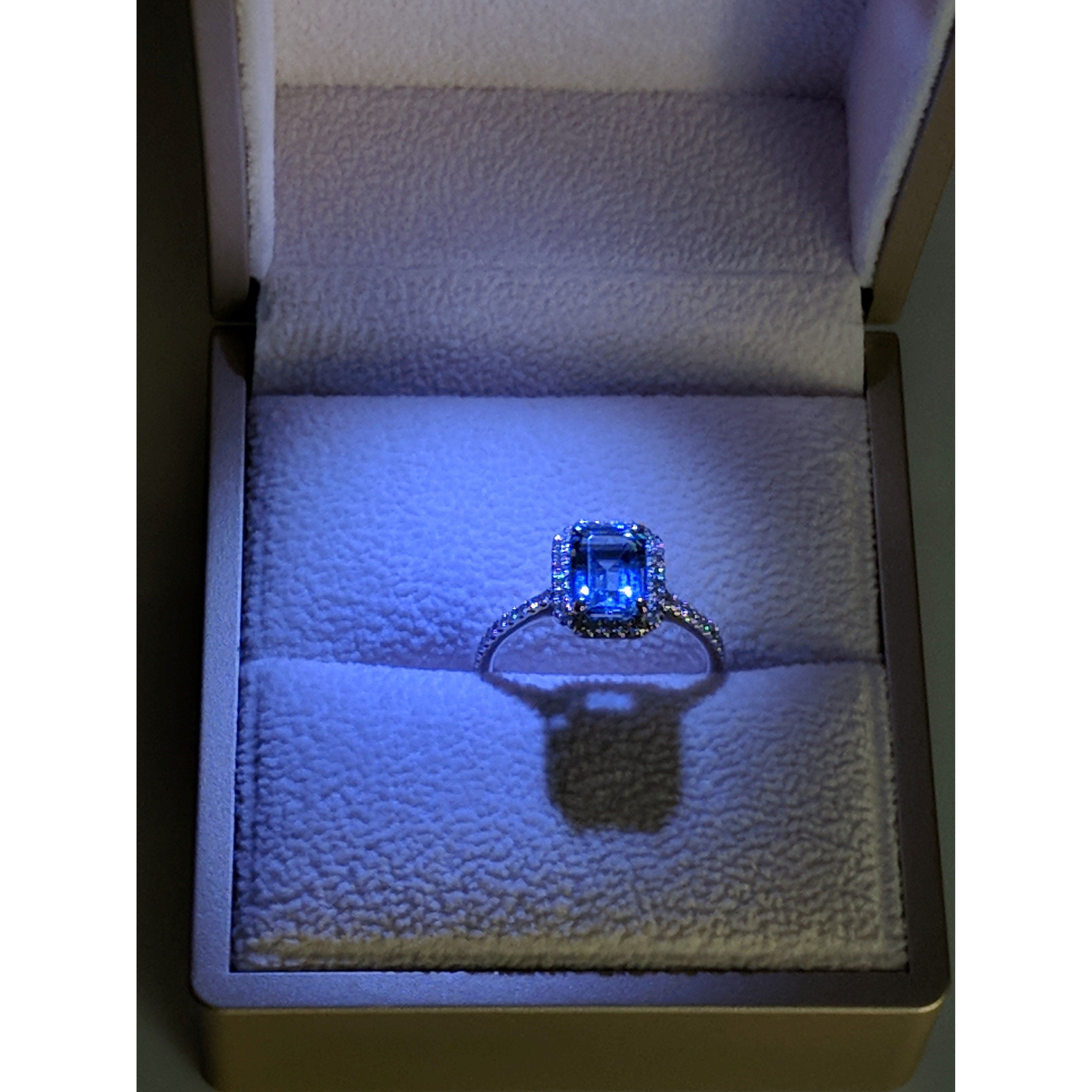 Aquamarine and Diamond Halo Ring, 14K Gold, Emerald Cut-Extraordinary! - The Pink Pigs, A Compassionate Boutique