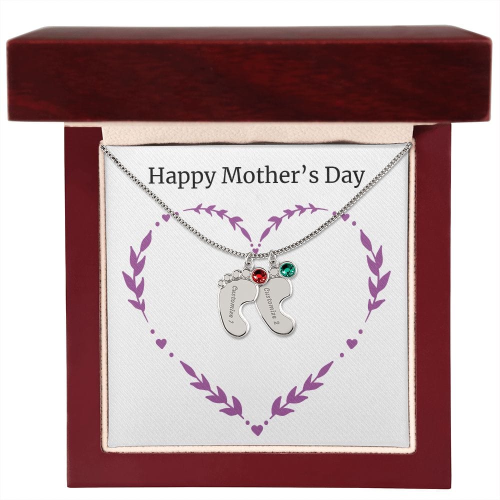 Necklace for Moms-Engraveable Baby Feet Charms with Birthstone