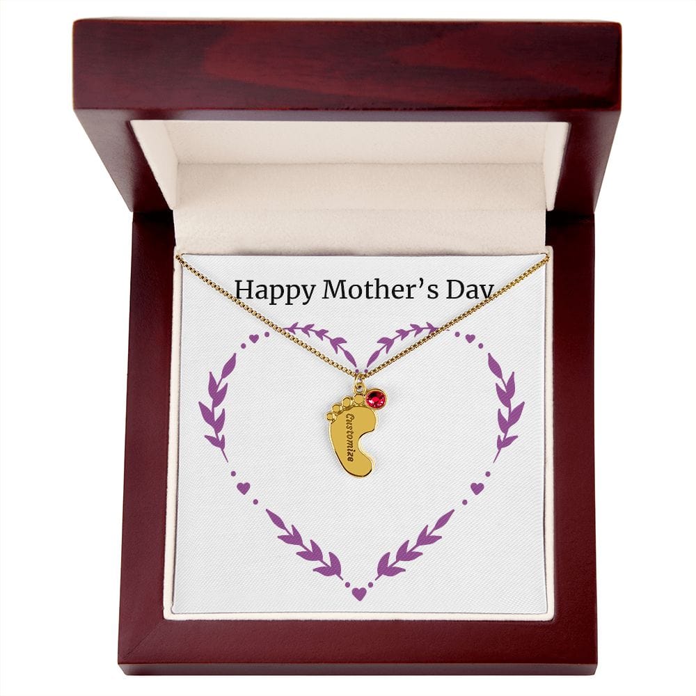 Necklace for Moms-Engraveable Baby Feet Charms with Birthstone