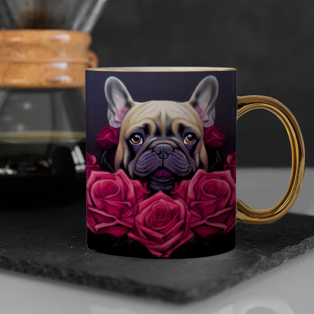 Dog Face Mug - Floral Gold Rim and Handle Mug - Bulldog Mug