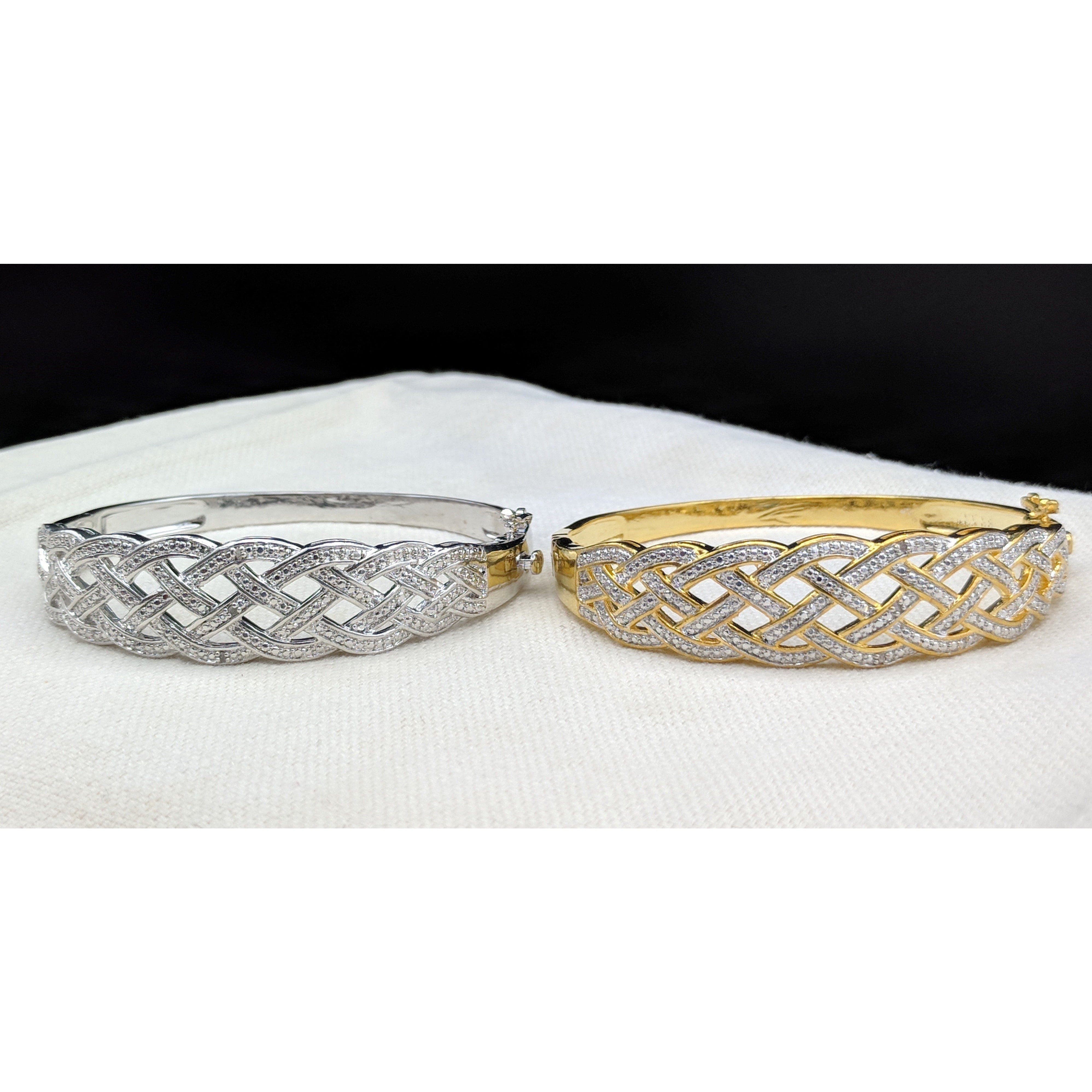 Natural Diamond Basket Weave Gold Plated Bangle Bracelet with REAL Diamonds! Very Affordable! - The Pink Pigs, A Compassionate Boutique