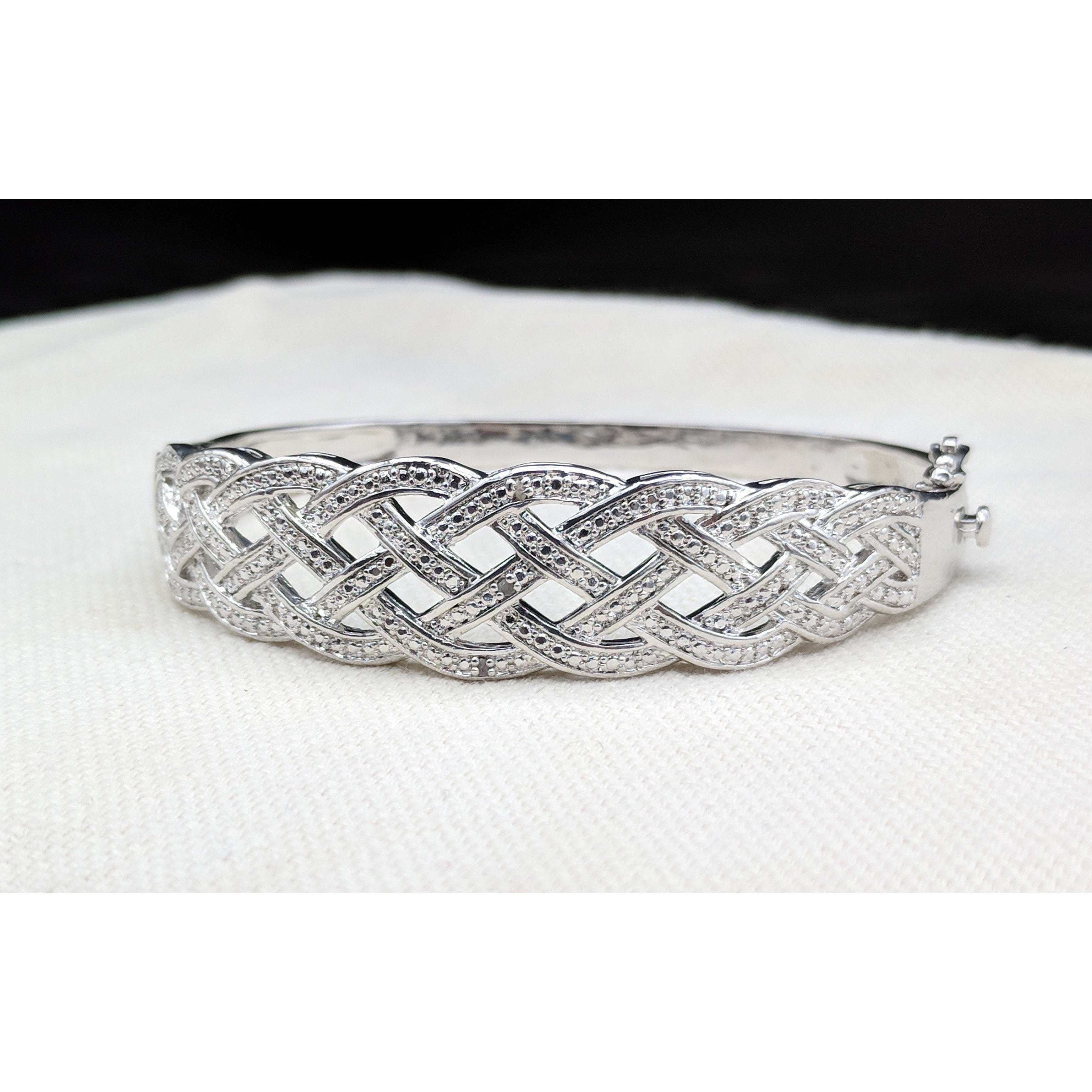 Natural Diamond Basket Weave Gold Plated Bangle Bracelet with REAL Diamonds! Very Affordable! - The Pink Pigs, A Compassionate Boutique