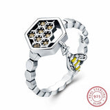 Honeycomb and Bee Jewelry Sterling Silver Ring