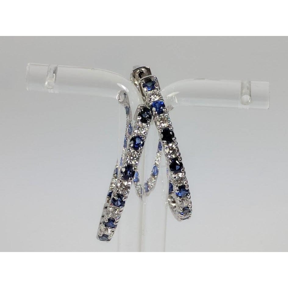 Blue Sapphire and Diamond Hoop Earrings in 14K White Gold, Made in the USA - The Pink Pigs, A Compassionate Boutique