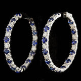 Diamond and Blue Sapphire Hoop Earrings in 14K White Gold, Made in the USA