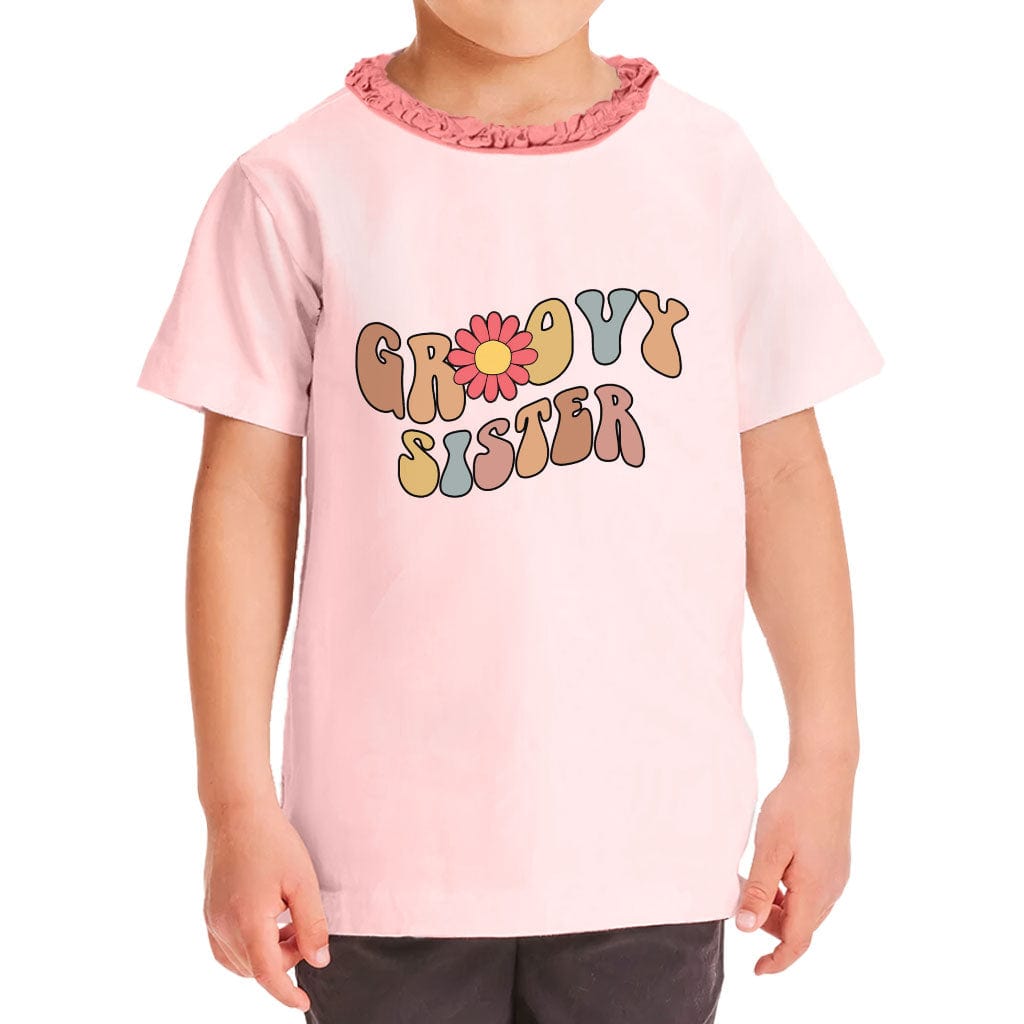 Sister Print Girls' Ruffle Neck T-Shirt - Cute Toddler T-Shirt - Illustration Ruffle Neck Tee