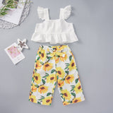 Square Neck White Tank and Sunflower Print Pants Set for Toddler Girls