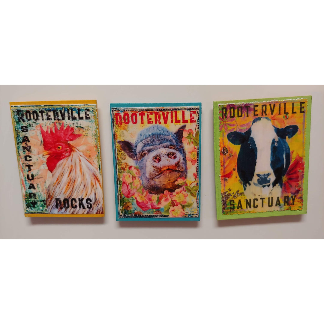 Carol and Elaine Kitchen Farm Animal Magnets:  Handmade Rooterville Animals on Magnets Rooster, Cow, Piggy *