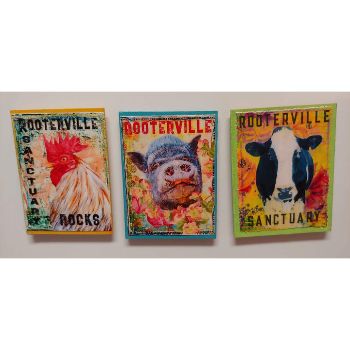 Carol and Elaine Kitchen Farm Animal Magnets:  Handmade Rooterville Animals on Magnets Rooster, Cow, Piggy *