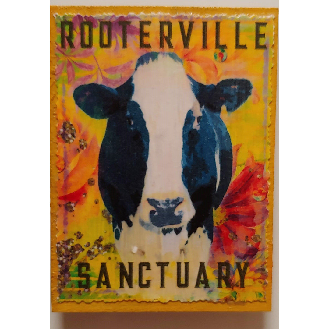 Carol and Elaine Kitchen Yellow / Cow Farm Animal Magnets:  Handmade Rooterville Animals on Magnets Rooster, Cow, Piggy *