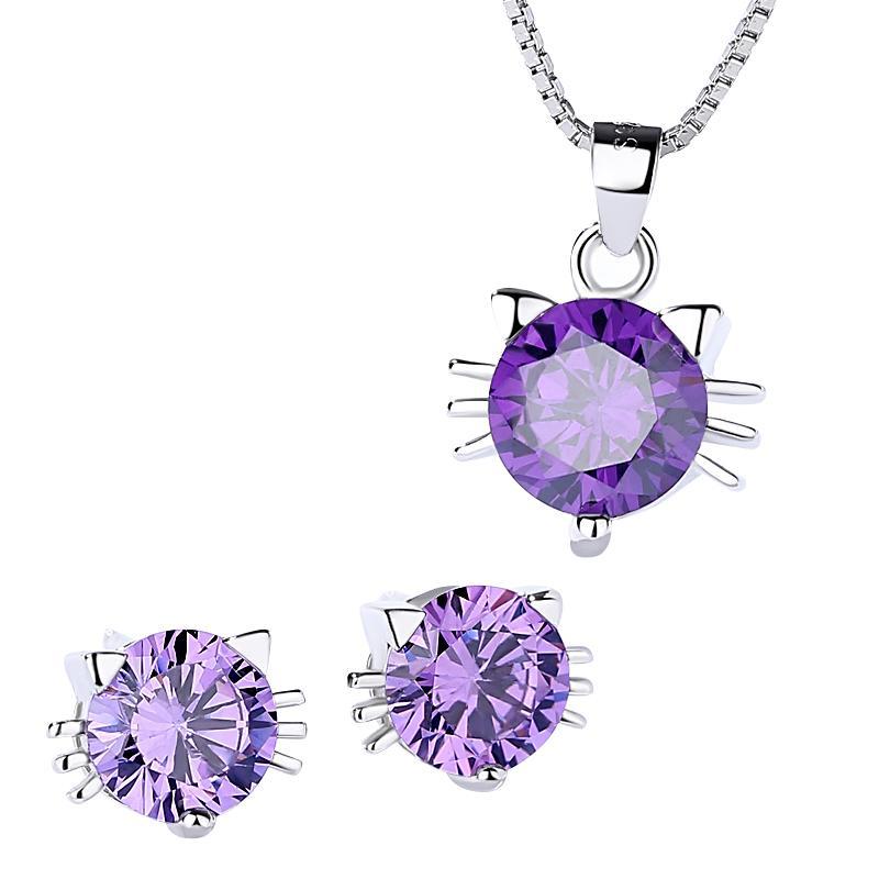 Cat Necklace, Ring and Earrings SET-Purple or Clear CZ in 925 Silver-Adorable! - The Pink Pigs, A Compassionate Boutique