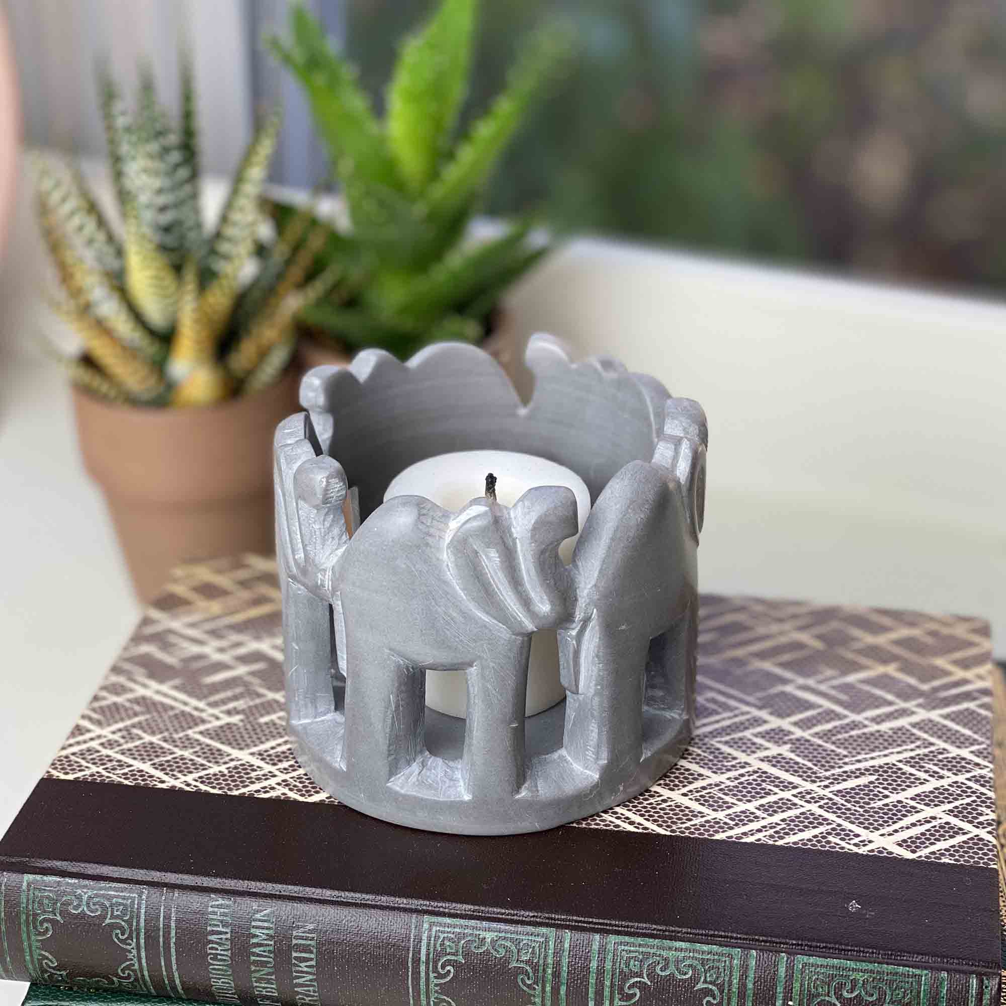 African Circle of Elephants Soapstone Sculpture, 3 to 3.5-inch - Dark Stone *