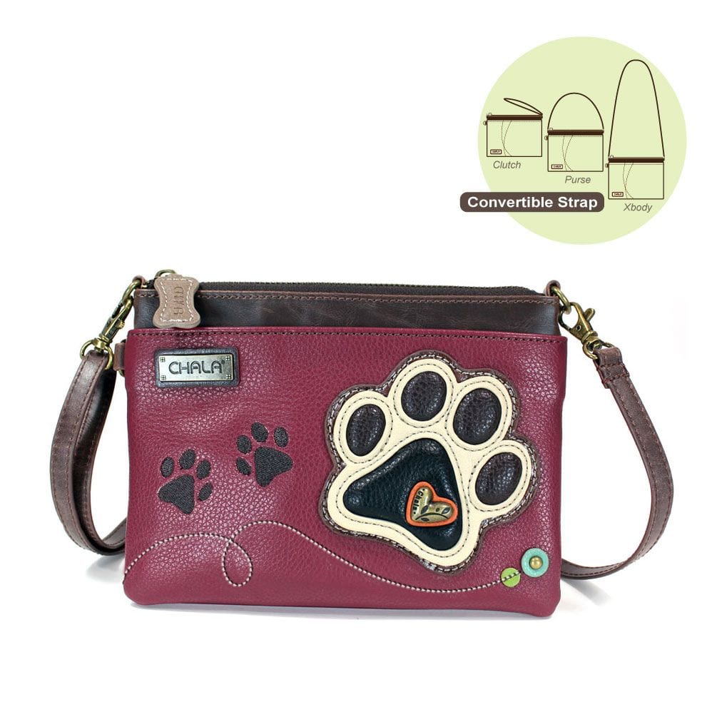 Chala Handbags Burgundy Paw Print Mini Crossbody by Chala Vegan 3 Colors!