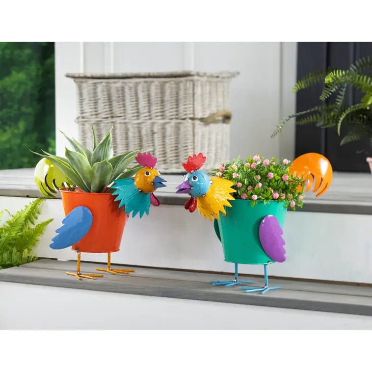 Colorful Metal Pig or Rooster Planter 2 Asst