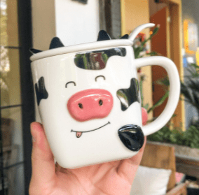 Cow Ceramic Coffee Mug with Lid and Spoon