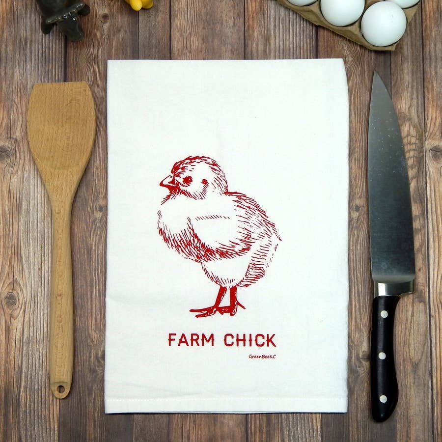 Farm Chick Handprinted White Flour Sack Tea Towel with Hanging Loop - The Pink Pigs, A Compassionate Boutique