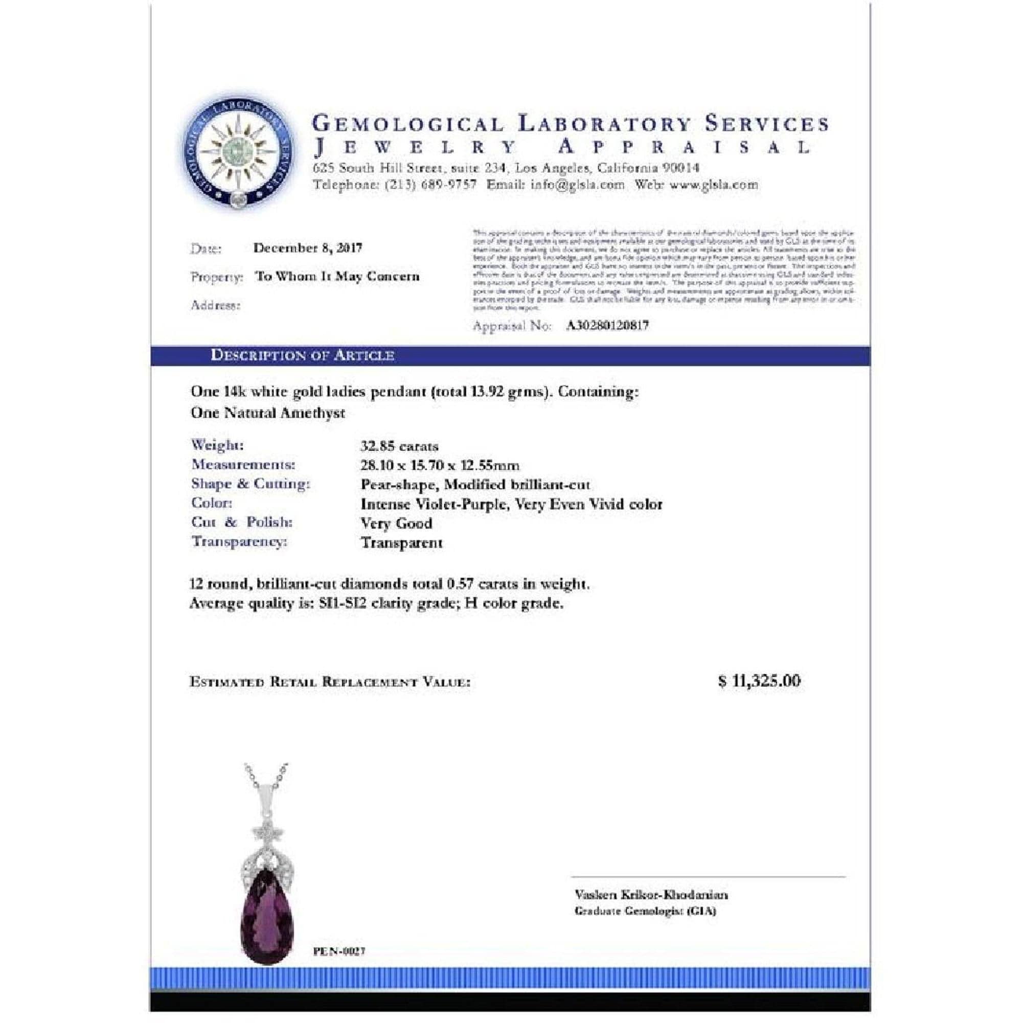 Deep Purple 32.85ct Amethyst and .57ct Diamond Pendant in 14K White Gold, Elegant & Beautiful - The Pink Pigs, A Compassionate Boutique