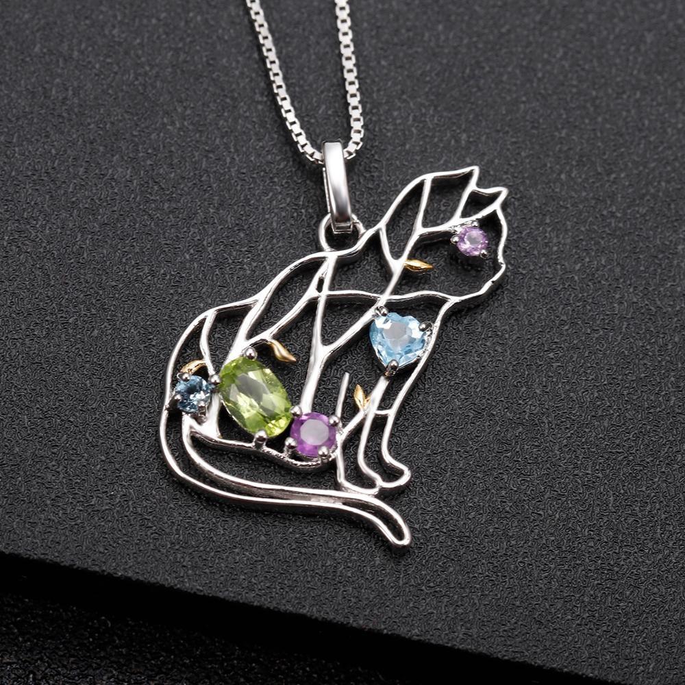 IN STOCK! Designer Cat Necklace Sterling Silver & REAL Gemstones! Garnet, Topaz - The Pink Pigs, A Compassionate Boutique
