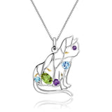 Designer Unique Cat Necklace Sterling Silver & REAL Gemstones!  Garnet, Topaz, Peridot