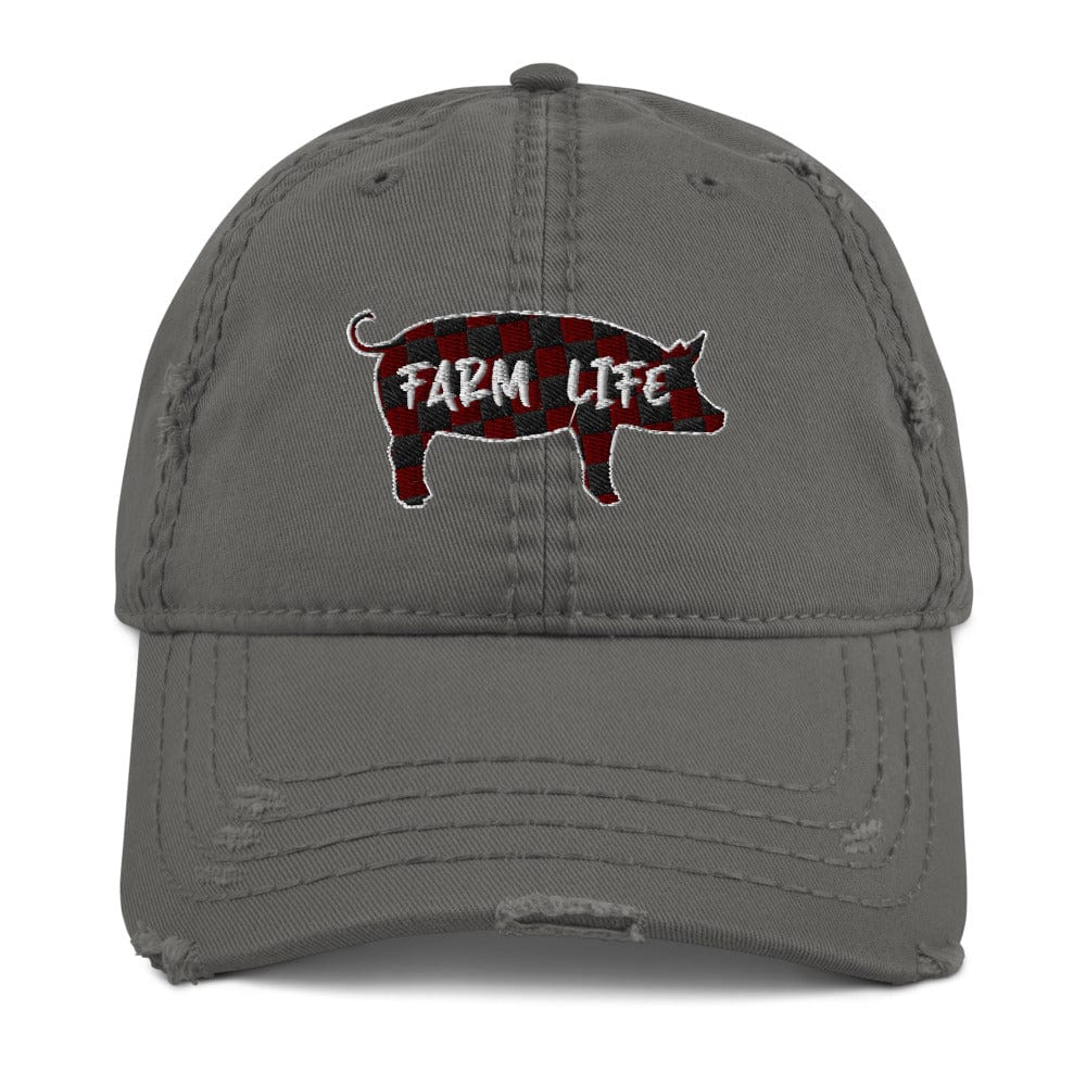 Farm Life Pig Red & Black Checkerboard Embroidered Distressed Grey Hat