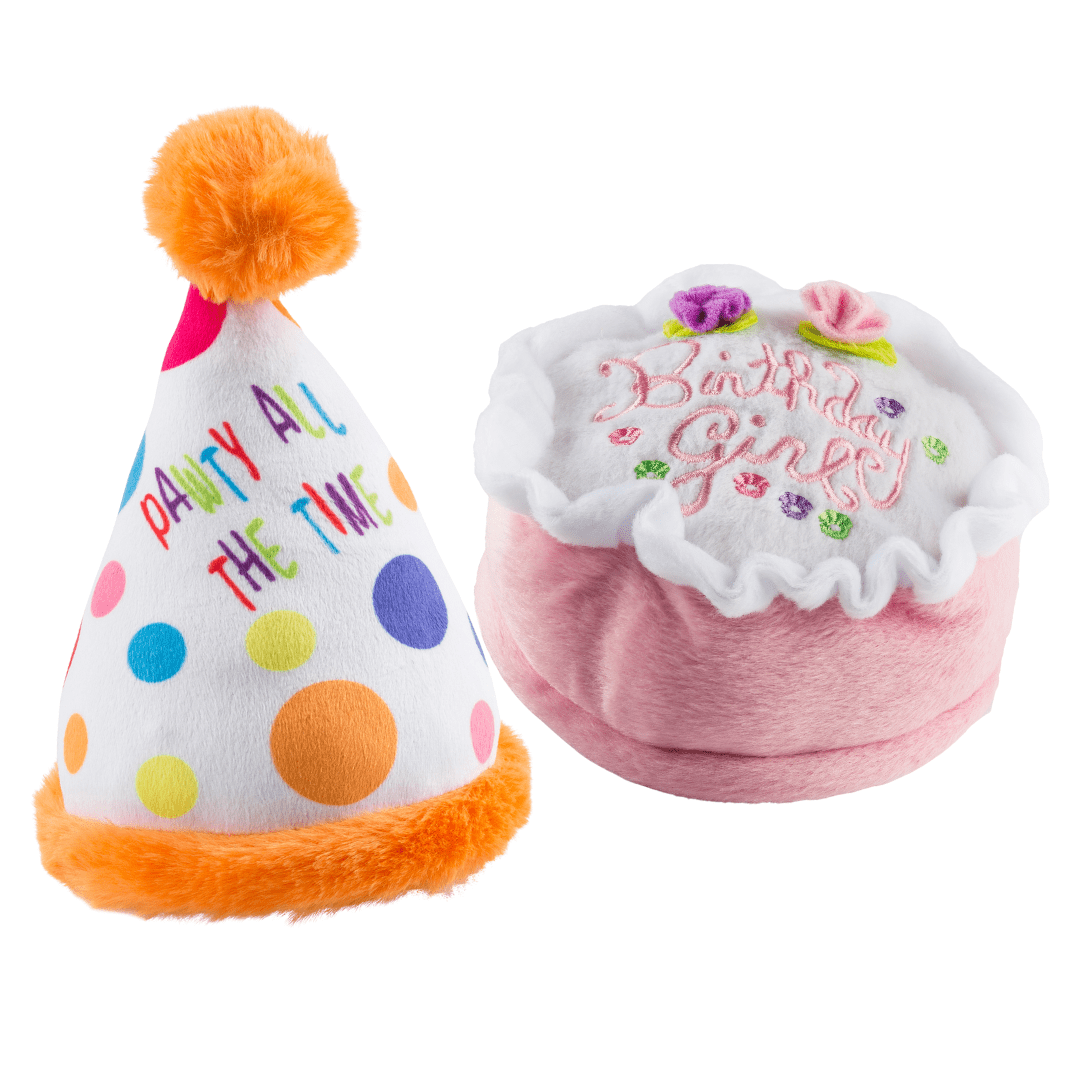 Doggy Birthday Girl or Boy Party Bundle Plush Toys Party Hat & Cake