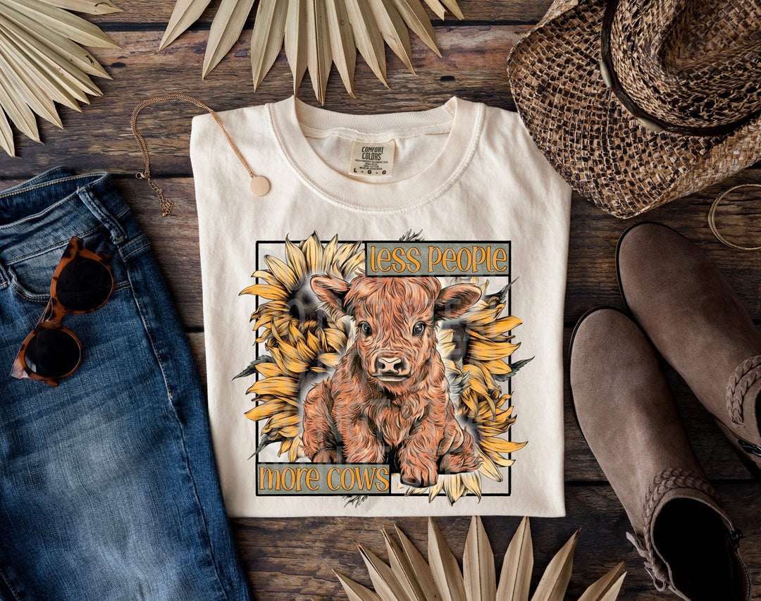 Faire: Cash & Drix Wholesale cow shirt X Small Less People More Cows-Highland Calf with Sunflowers Tshirt for Cow Lovers