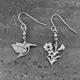 FAIRE - Close 2 UR Heart Asymmetrical Hummer Earrings Hummingbird and Flowers Earrings Stainless Steel Made in the USA