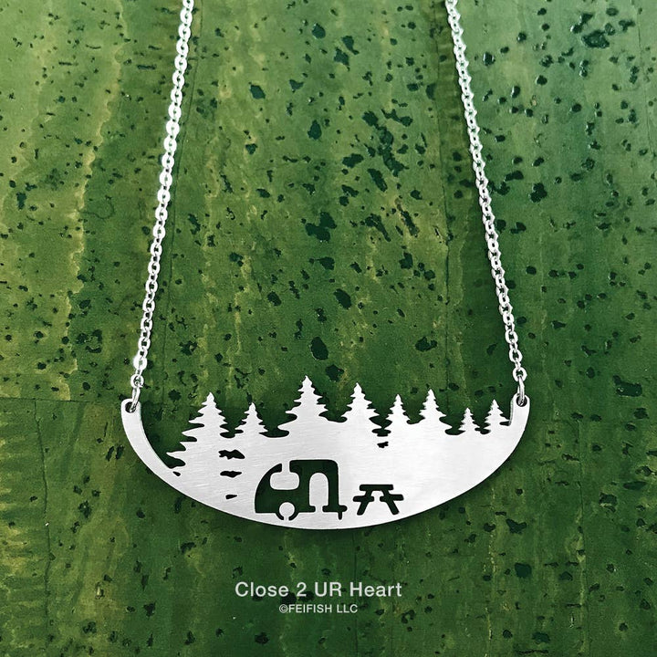 FAIRE - Close 2 UR Heart Fashion Jewelry Necklaces RV Camper Happy Camper in the Woods Stainless Steel Necklace-Tent and RV, Made in the USA*