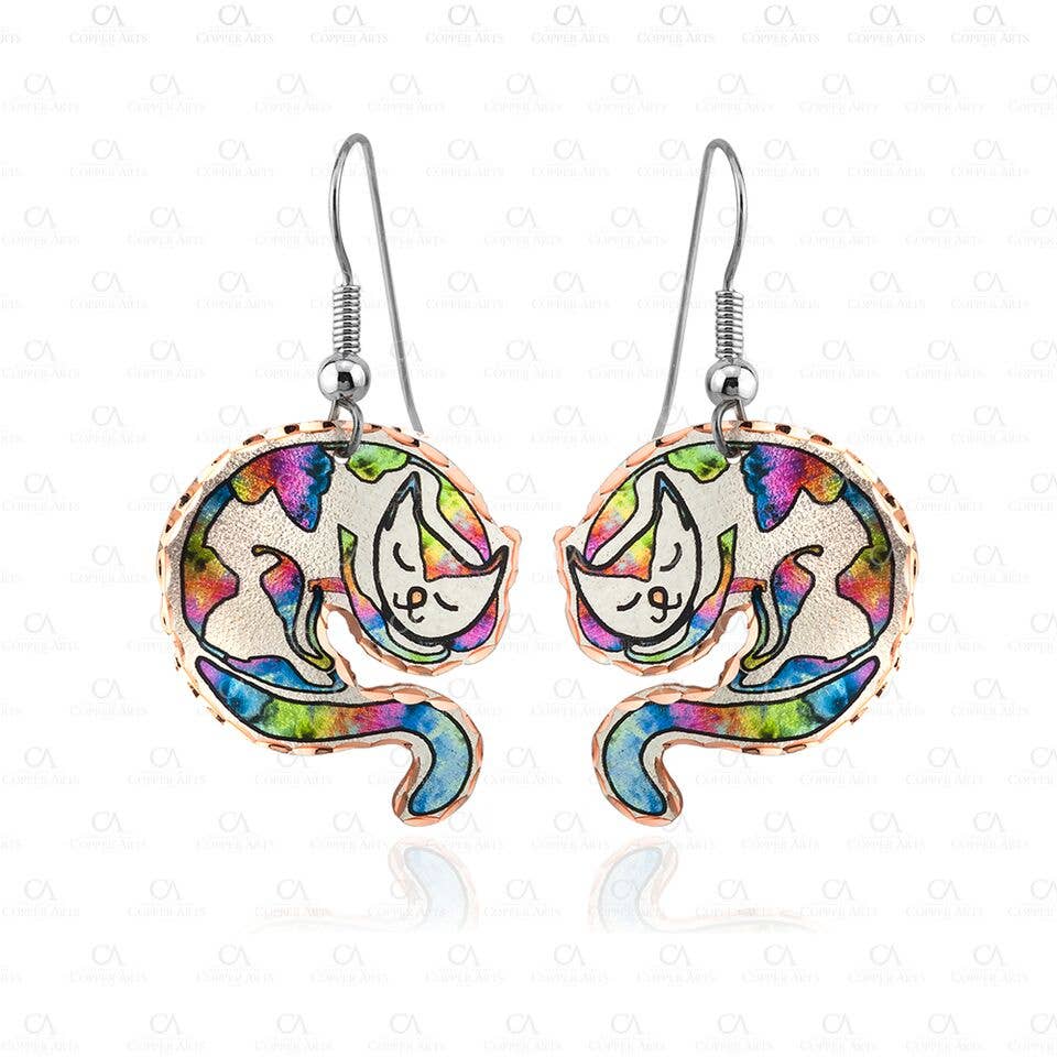 FAIRE - Copper Arts Fashion Jewelry Sleeping Cat Copper Earrings Hand-Made in the USA, cute & colorful!