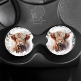 Highland Cow Car Coasters Watercolor Floral Cermaic