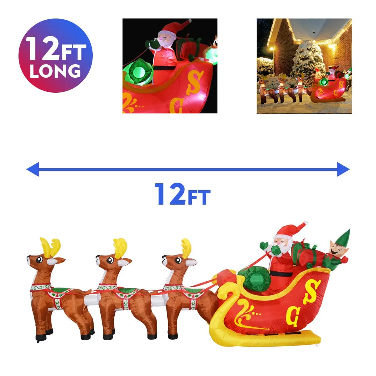 Faire: GOOSH INC Christmas Inflatable Santa Sleigh Santa Reindeer Sleigh 12 ft Christmas Inflatable Outdoor/Indoor Decoration with Built-in LED Lights