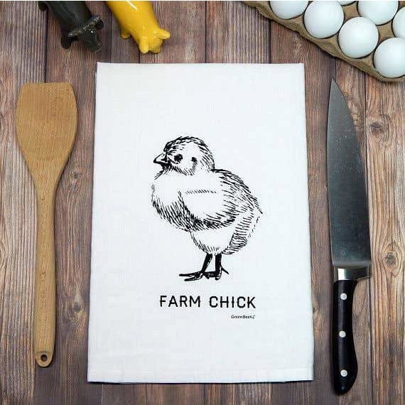 FAIRE - Green Bee Tea Towels Kitchen Black Farm Chick Handprinted White Flour Sack Tea Towel with Hanging Loop