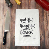 FAIRE - Green Bee Tea Towels Kitchen Grateful, Thankful, Blessed Handprinted White Flour Sack Tea Towel with Hanging Loop