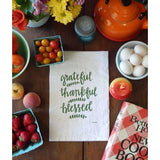 FAIRE - Green Bee Tea Towels Kitchen Grateful, Thankful, Blessed Handprinted White Flour Sack Tea Towel with Hanging Loop