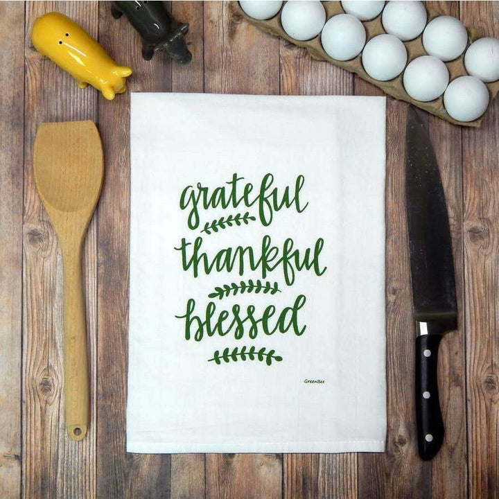 FAIRE - Green Bee Tea Towels Kitchen Green Grateful, Thankful, Blessed Handprinted White Flour Sack Tea Towel with Hanging Loop