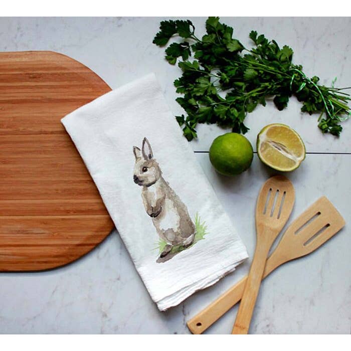 FAIRE - Meadowbrook Lane Kitchen Grey Bunny Closeout Farm Animal Watercolor Flour Sack Tea Towels-Rabbits, cows, horse, chicken