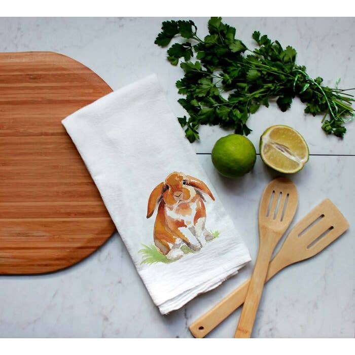 FAIRE - Meadowbrook Lane Kitchen Orange Bunny Closeout Farm Animal Watercolor Flour Sack Tea Towels-Rabbits, cows, horse, chicken