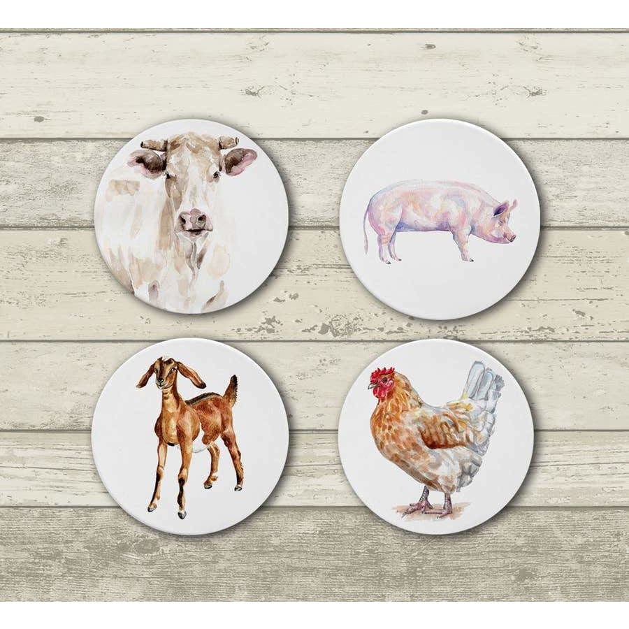 FAIRE - Meadowbrook Lane Kitchen Watercolor Farm Animals Ceramic Coaster Set-Pig, Cow, Hen, Goat