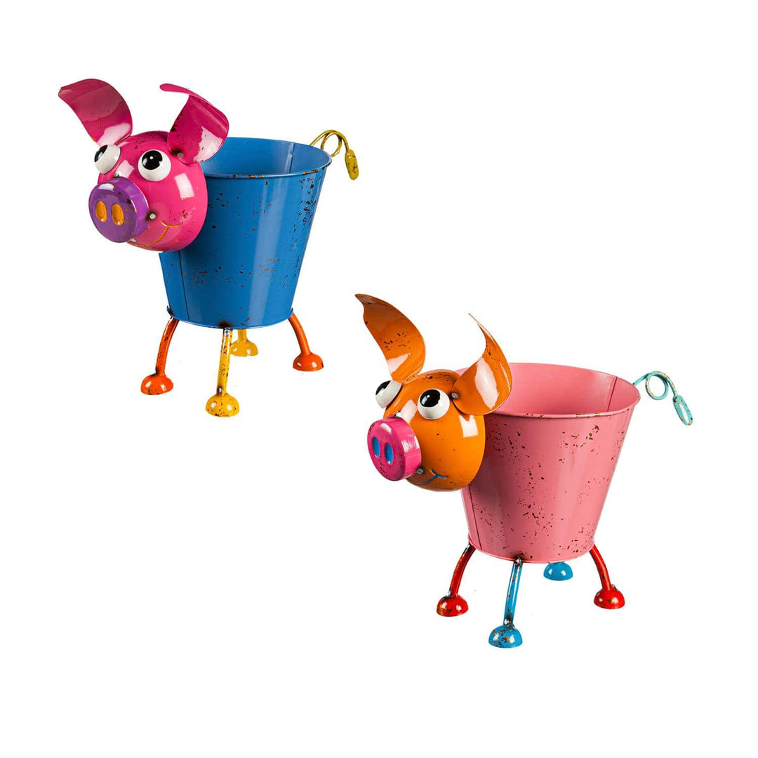 Faire-Plow & Hearth Pig Rooster Planters Colorful Metal Pig or Rooster Planter 2 Asst