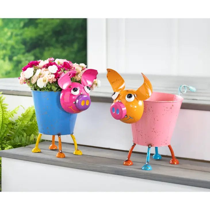 Faire-Plow & Hearth Pig Rooster Planters Colorful Metal Pig or Rooster Planter 2 Asst