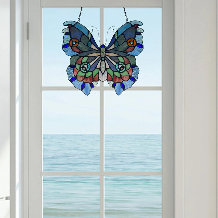 Faire: River of Goods Stained Glass Panels Blue or Colorful Butterfly Tiffany Style Stained Glass Window Hanging 12.5"