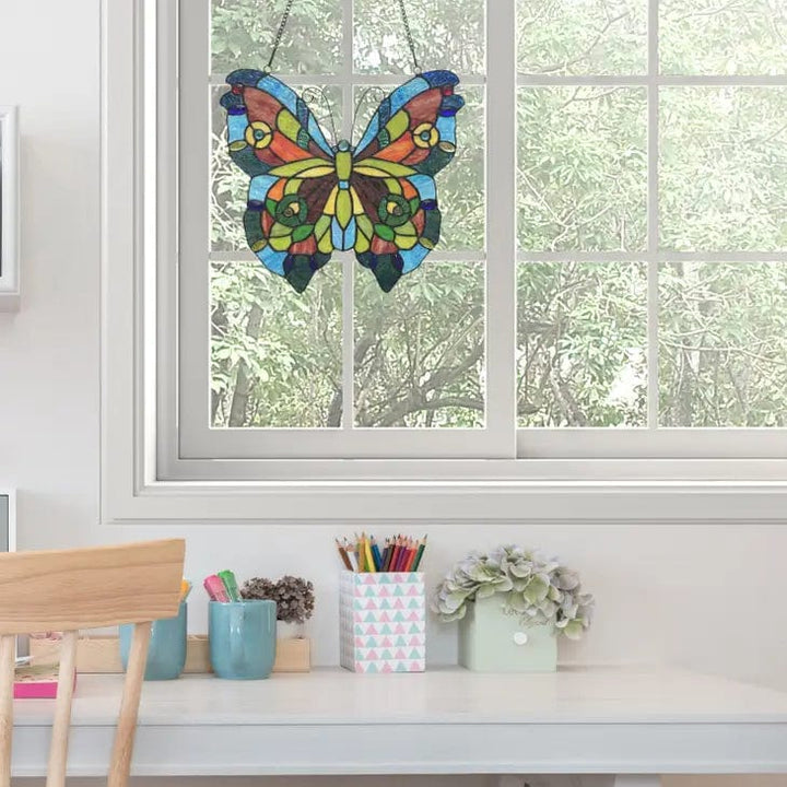 Faire: River of Goods Stained Glass Panels Blue or Colorful Butterfly Tiffany Style Stained Glass Window Hanging 12.5"