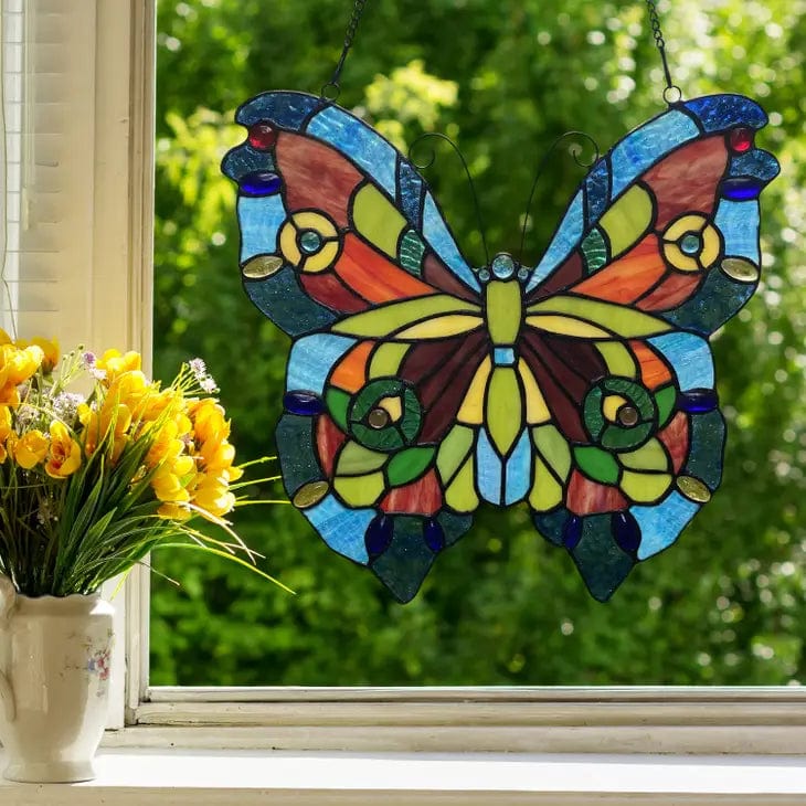 Faire: River of Goods Stained Glass Panels Blue or Colorful Butterfly Tiffany Style Stained Glass Window Hanging 12.5"